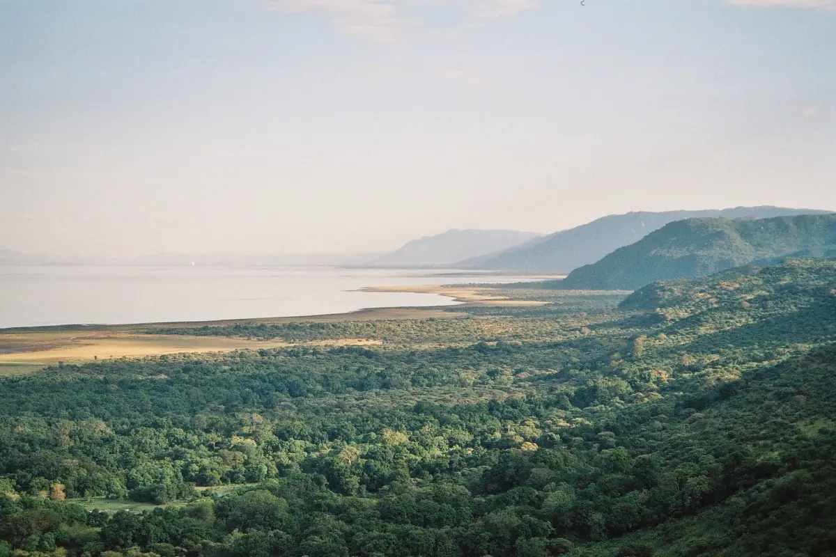 Blick vom Rand des Großen Grabenbruchs auf See und Wald